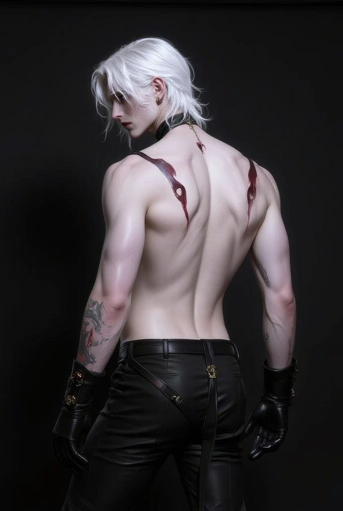 Teen male posing, downed swatpants, big dick, skinny body, atmospheric, cute face, white hair, blood, nude, harness