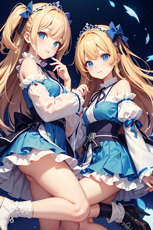 (masterpiece, best quality:1.2), 1 Girl, Solitary, blond, Blue hair band, 左边是Blue hair band, White blue bra, Black gloves, knight skirt, Solid color background
