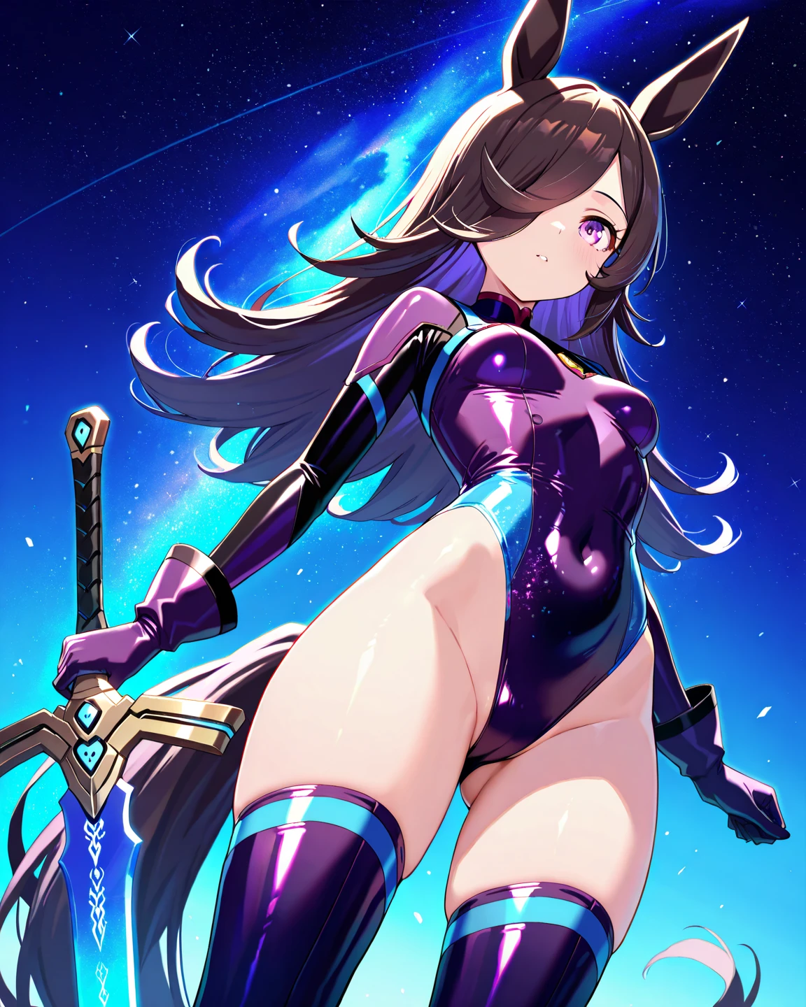 masterpiece, best quality, 1girl, superhero, leotard, bare legs, boots, matching boots, medium breasts, light particles, aura, blue aura, space backdrop, cyclone spinning