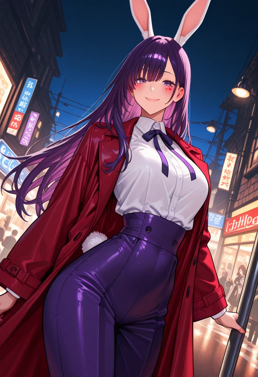 Anime, 1 girl, solo, sprCamilla, hair over one eye, kimtag, red student uniform, burgundy colored hair, camilla's huge long fuzzy hairstyle, busty, deep cleavage, genetics's high , firm strong body, expressive eye, perfect anatomy, walking on a nighty street, Full body