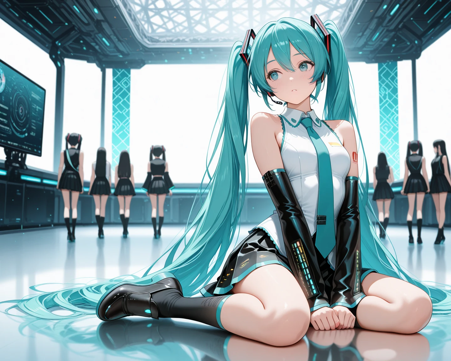 Cinematic scene, hero view, a group of female vocaloids hanging out in a comfy living room, action pose, extremely beautiful piercing eyes, detailed background, masterpiece, best quality, high quality, highres, absurdres, very detailed, high resolution, sharp, sharp image, 4k, 8k <lora:mmd_xl_v2:1>