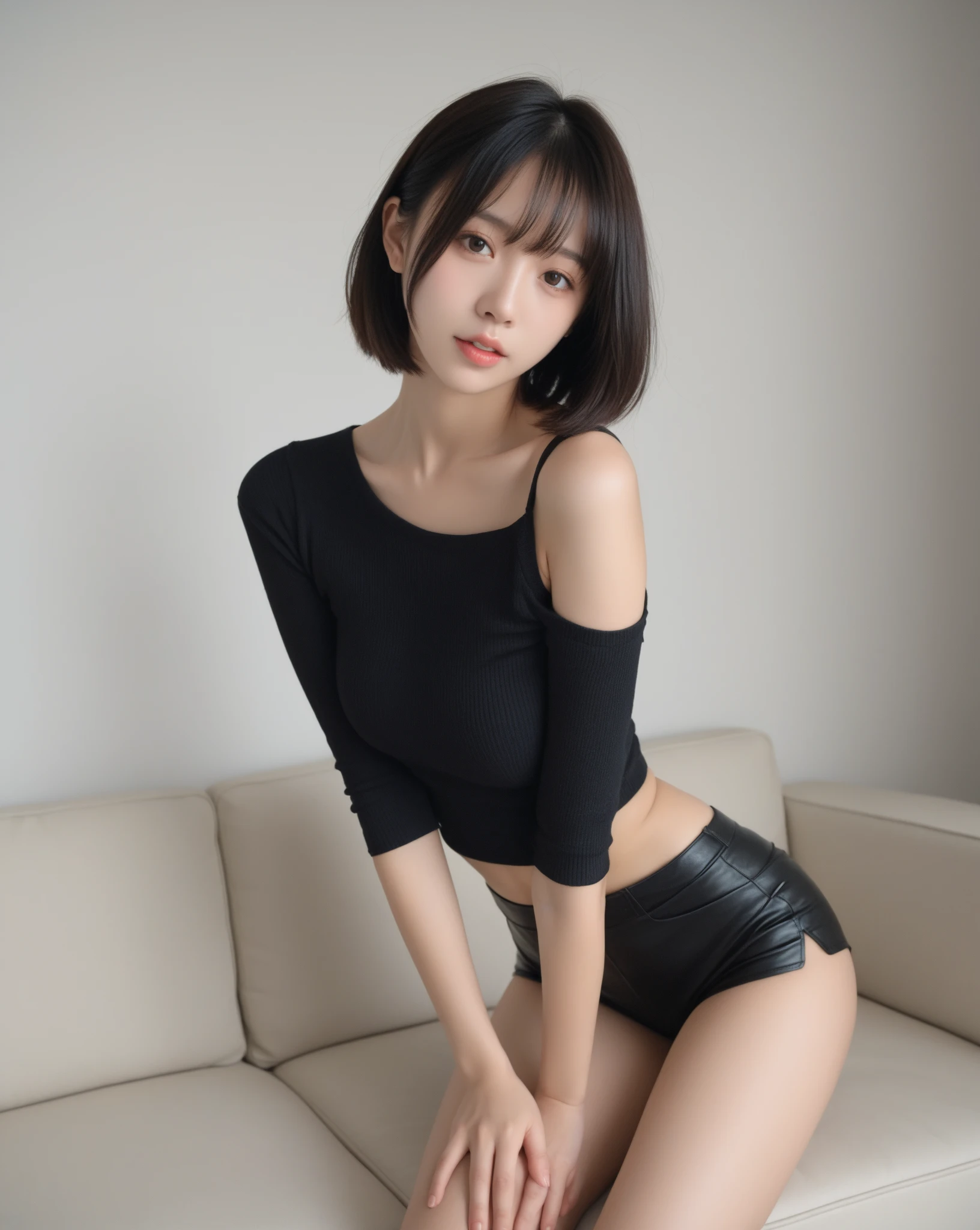 Top image quality、Raw photography、超A high resolution、Cute girl at 18 years old、Shooting for one person only、round breast、Black camisole、short trousers of black color、Beautiful Eyes of Details、very elongated eyes、Beautiful eyelashes、Beautiful double eyelids、White Wall Room、White ceiling、Beautiful waist、very slender legs、a short bob、slender physique