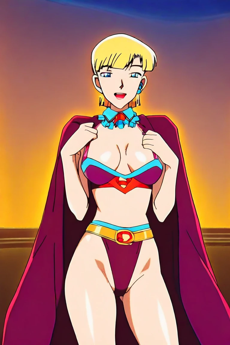 tia yellow eyes, blonde hair, short hair, blue ribbon, large breasts, detached sleeves, bedroom background, royal bedroom, tiara, laying down on bed, red cape, yellow bikini, high heels, hands on hips. red tattoo on belly, full body female milf