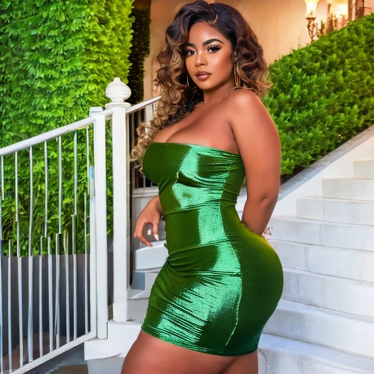 african girl, black ethnicity, wearing green sexy woman outfit , wavy hair , , thick girl,