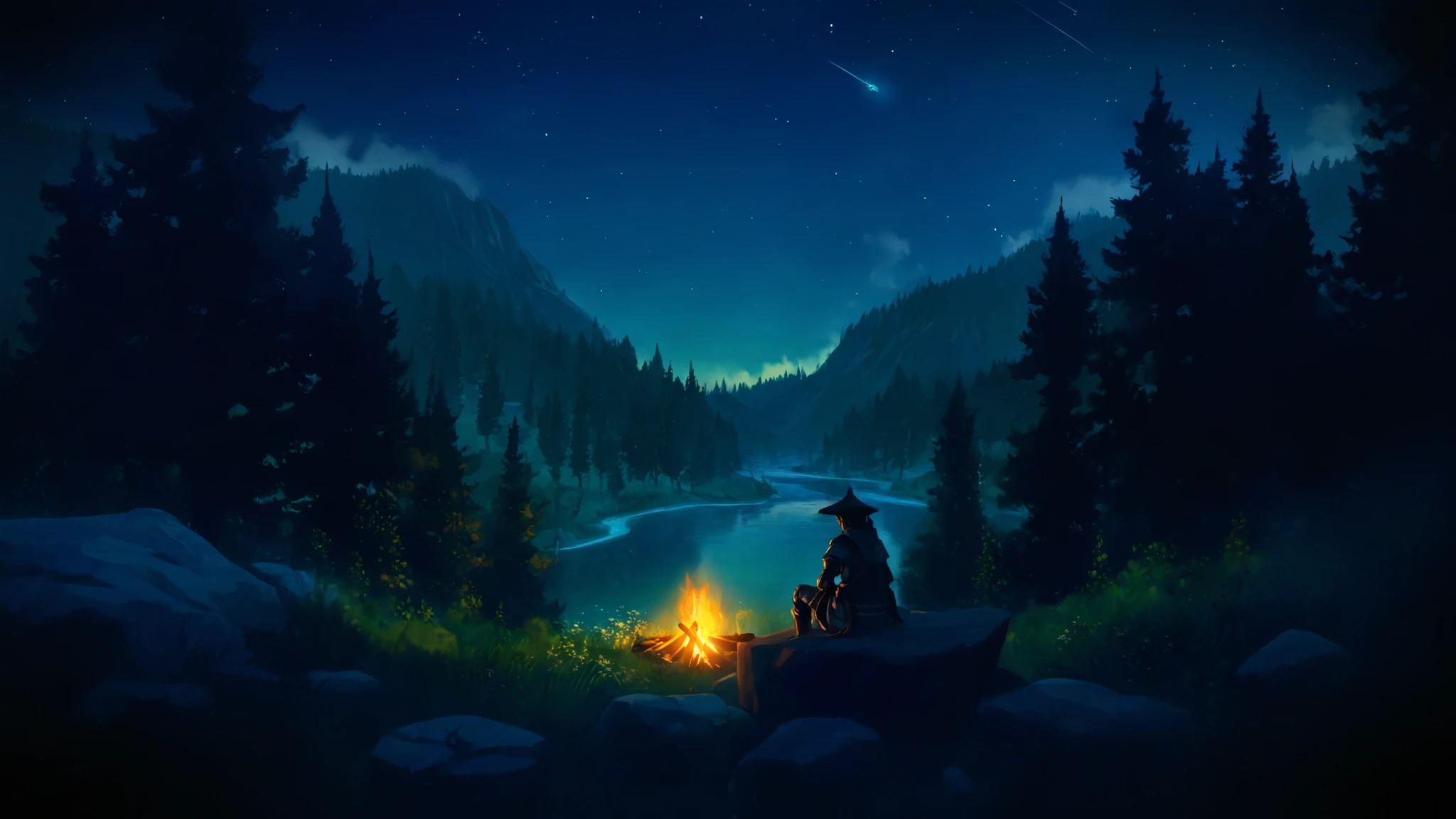 The image is a digital illustration depicting a serene landscape. The layout features a central figure sitting on a rock near a small campfire, facing a tranquil lake surrounded by dense pine forests. The person's silhouette is projected against the soft glow of the fire, with no facial features or skin color discernible due to the backlight, but the person is an mmorpg warrior in light armor and a glowing sword, currently fishing, with a fishing rod in his hand and the line of the rod in the lake, waiting for action. The scene takes place under a purple-green sunset, with mountains in the background partially illuminated by the setting sun. The colors are predominantly cool purples and greens, contrasting with the warm orange and yellow tones of the fire. The overall atmosphere is peaceful and contemplative, capturing the essence of solitude in nature. necessary fantasy rpg elements, an elven forest with magical fireflies and some magic mushrooms too, always very bright