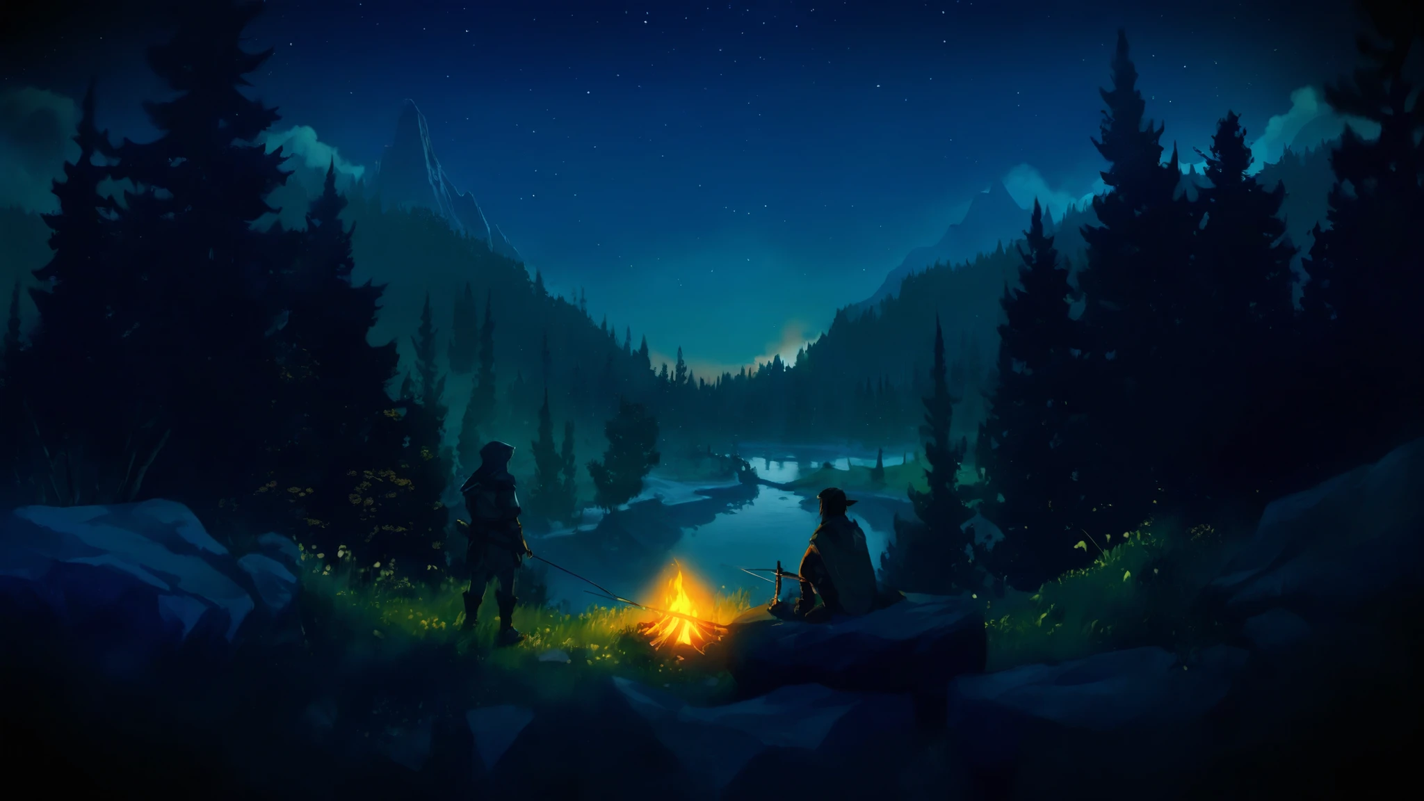 The image is a digital illustration depicting a serene landscape. The layout features a central figure sitting on a rock near a small campfire, facing a tranquil lake surrounded by dense pine forests. The person's silhouette is projected against the soft glow of the fire, with no facial features or skin color discernible due to the backlight, but the person is an mmorpg warrior in light armor and a glowing sword, currently fishing, with a fishing rod in his hand and the line of the rod in the lake, waiting for action. The scene takes place under a purple-green sunset, with mountains in the background partially illuminated by the setting sun. The colors are predominantly cool purples and greens, contrasting with the warm orange and yellow tones of the fire. The overall atmosphere is peaceful and contemplative, capturing the essence of solitude in nature. necessary fantasy rpg elements, an elven forest with magical fireflies and some magic mushrooms too, always very bright