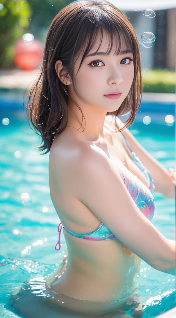 masutepiece, Best Quality, Illustration, Ultra-detailed, finely detail, hight resolution, 8K Wallpaper, Perfect dynamic composition, Beautiful detailed eyes, Medium Hair, mid-chest, Natural Color Lip, Random and sexy poses,，Cute、The bikini（golden handle）、heel、By the pool、sexypose