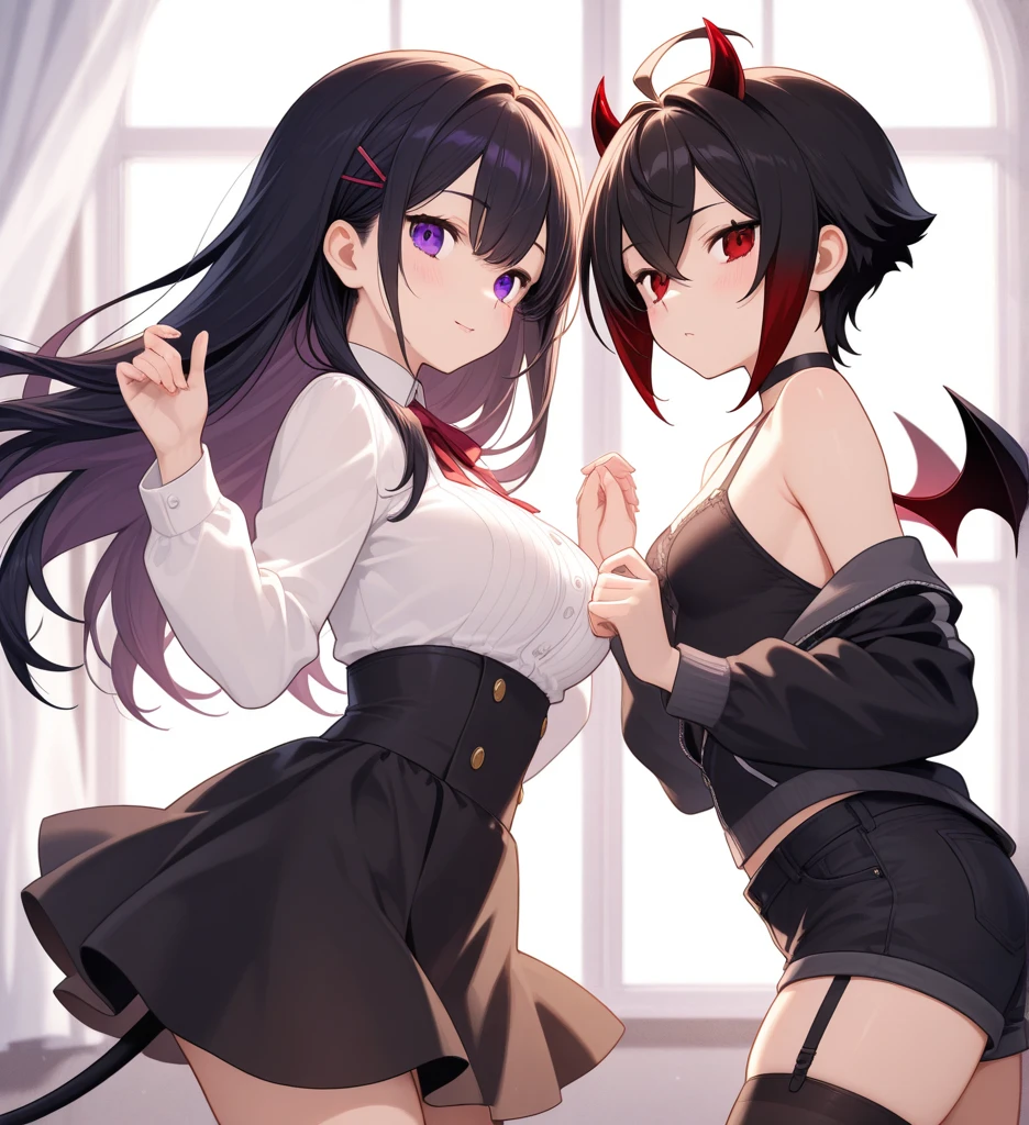 8K, 1boy, 1girl, petit, teen, kawaii vampire, red hair, red eyes, bat wings, smile, (blush), (shy), fang, boots, looking at viewer, dynamic angle, wind, game cg, fantastic scenery, demon tail, black horns, futanari, otokonoko, errection, shemale, transsexual, hermaphrodite, bulge,lewd, no panties, nsfw, porn, cumming, kissing teacher, school, showing breasts