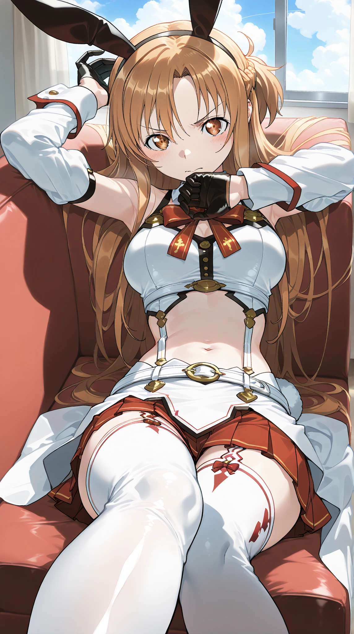((small breasts that began to bulge))、((White bra))、Blonde Russian、length hair、Sweat appears in the chest、sodden、Very embarrassing、14years、Beautiful and cute、(((Lower the zipper of the suit until you can see the panties)))、((Lower the zipper until you can see the navel))、White bra、Sitting, ((Spread legs)),nightclubs, ((Looking at Viewer)), small tits ,(((underboob))),Wrists are restrained with ropes、Shibari、Arms up,Bondage Chain, Tied wrists, srestrained, Bound,Bandaged hand,BDSM,((POV)), Lynette,(((The vaginal opening is exposed)))、Vaginal opening valgus、looking down at viewer, (faceless male on face), (((POV)))、 pov from down、anguished expression、darkened room、A rope hanging from the ceiling restrains the arms、White candle hanging in cleavage、