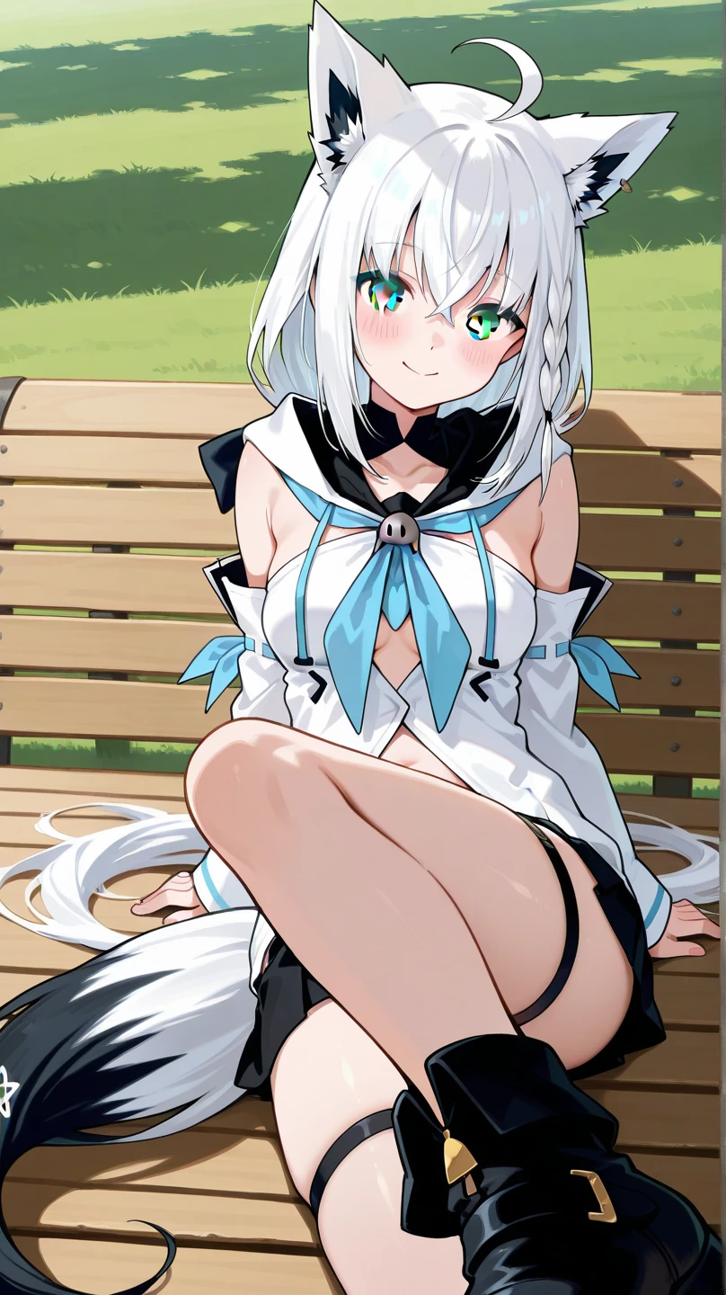 ((best quality, masterpiece, perfect anatomy, detailed picture)), furry, 1female, arctic ferret, sexy, long white hair, ponytail hair, grey eyes, black sclera, fluffy ferret tail, purple ribbon on tail, purple bikini, red blushing, shy, in the cherry blossom trees, spread legs