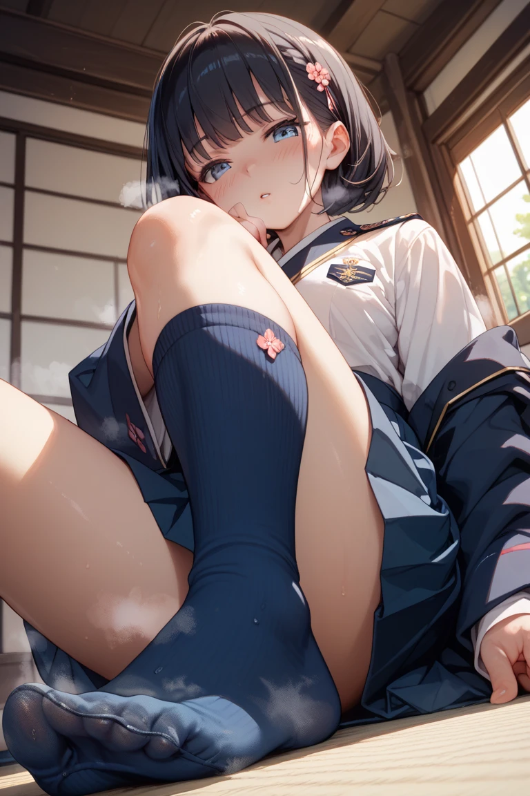 Takiinoue, Inoue Takina, Long hair, Bangs, Black hair, (Purple eyes:1.2), BREAK shirt, Long sleeves, Dress, bow ribbon, School uniform, White shirt, Collared shirt, Belt bag, Neck ribbon, Blue Dress, Green Ribbon, pleated dress, grey dress, Two-tone dresses, Blue belt, Lycoris Uniform, Best Quality, High resolution, Unity 8k壁纸, (Illustration:0.8), (Beautiful detailed eyes:1.6), extra detailed face, Perfect Lighting, extremely details CG, (Perfect hands, Perfect Anatomy),Full body from head to leg、full bodyesbian、Thin leg、、sitting down on the floor、Put on the floor、laying on back、opening legs、Inter-strands、Facing the front、Composition from below、M-shaped legs、Panchira、Inner thigh-sitting、Sitting on the floor with bent knees and legs open、Front-facing、Lower body facing forward、in 8K, top-quality, Real Image, intricate detailes, The ultra-detailliert, 超A high resolution, Depth Field,(Photorealsitic,realisitic:1.2),masterpiece, 0.25 :: a closeup , straight-on shot , from miiddle , 1girl in, AI_chan, an extremely beautiful 17-year-old girl, Full body from head to leg, full bodyesbian, 、Face to feel、Innocent big eyes, (brown_Short_hair), (Green_Eyes:1.0),(bangss),dishevled hair,(hair clips), sexypose、Bewitching、Mass sweat、soaked body、Pure white lingerie perfect shiny skin, flawless skin, fair white skin, tiny chest, narrow waists, thin blush, 独奏, looking at the viewers, lightsmile, The Perfect Five Fingers, Small toes、perspiring、 Wear((School_uniform)、(white_Skirt)、(Blue_long_tie)、(Blue_pleats_Skirt)、(Black_pantyhose:1.2)、 knee high、Stockings、Pure white panties、Black_Wearing white panties inside stockings、Wearing white panties inside black transparent stockings、Wearing white panties inside black stockings、Wearing white panties inside black pantyhose、Wearing white panties inside black lace pantyhose、Wearing white panties inside black lens stockings、Wearing white panties in black light pantyhose、Wearing white panties in black transparent pantyhose、No s