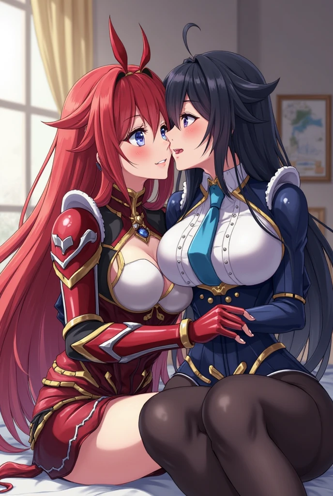 Two female knights in armor kissing and lying on the bed, they are looking at each other, colorful hair, colorful hairstyles, colorful eyes, colorful skin, colorful breasts, colorful heights, correct anatomy Science, Playing, Embracing, Passionate, Attractive, Necessary, Skinny Costume, Super Detail, Better Quality, Rough Skin, Correct Retina, Eye Correction, Realistic Kissing, Full Body, (Anime Style), Heat , sweaty, haze