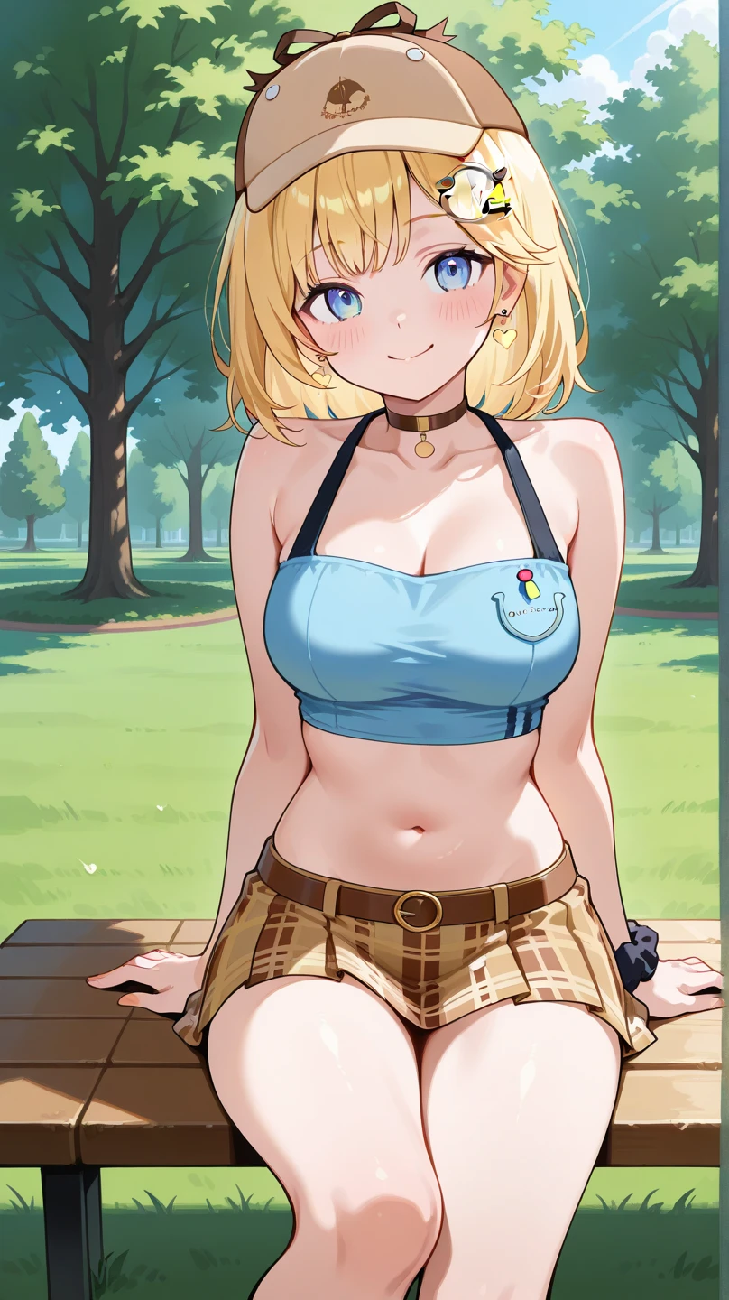 (masterpiece, best quality:1.2), full body shot, solo, Android 18 from Dragon Ball, collarbone, cleavage, ((slip-on one-shoulder crop top)), (light gray top:1.2), no jacket, midriff-baring, navel, ((white baggy pants with one button undone)), strings of thong underwear slightly visible, small breasts, short blonde hair loose, ((blue eyes)), ((wearing glasses)), earrings on earlobes, slender feminine figure, narrow waistline, skinny body, (plane black cap), (cap without logo), beach sandals, sunlight, head tilt, looking at viewer, light blush, arm between legs, wariza on the grass, vast grass, Palace of Versailles, outside, natural lighting and shadows, blur background, 4K