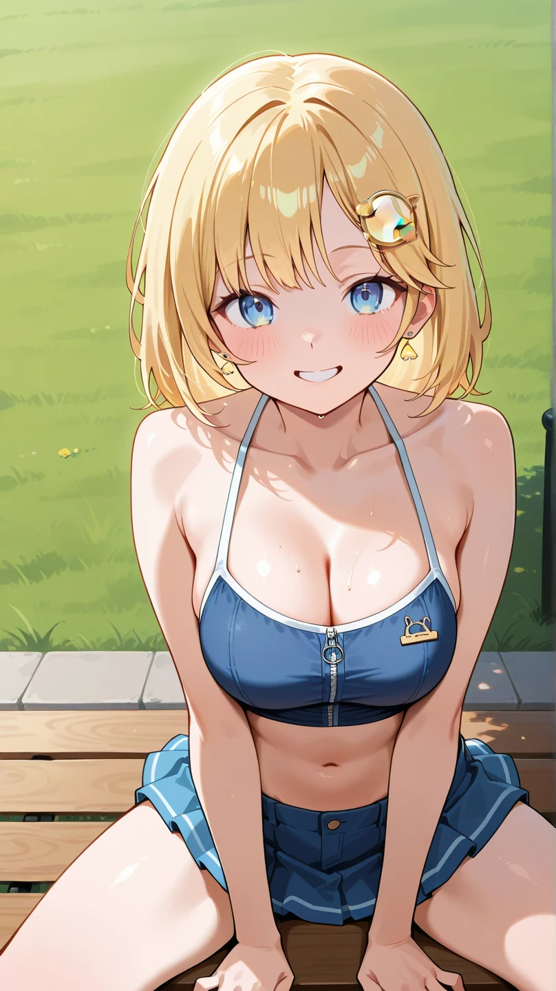masterpiece,Ultra-high resolution、Highest quality、Sexy pose、blonde、Pixie Cut:1.5,Glittering blue eyes, smile、Tilt your head、Large earrings、Small breasts、the body is slim、Tight waist、Sit on the bench and spread your legs wide:1.9,Blue and light blue one-shoulder bikini top、Orange ultra-mini bikini skirt、I can see the orange panties、Focus on the thigh gap:1.5