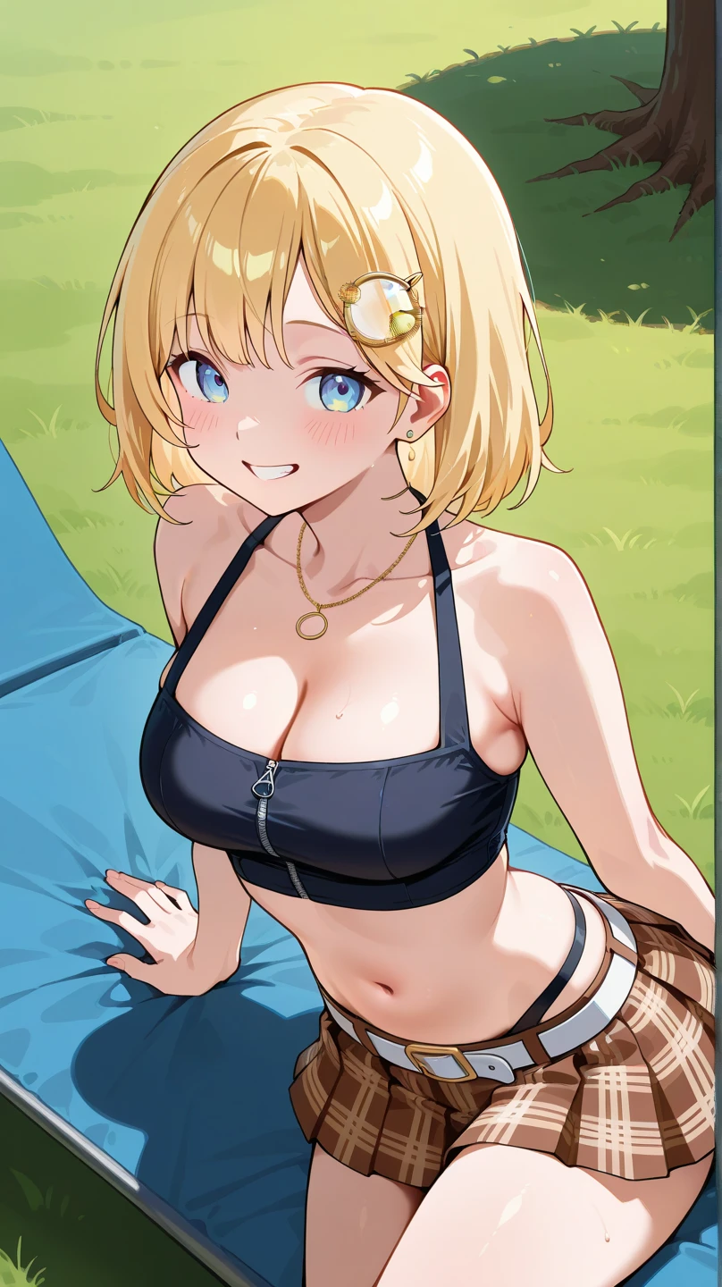 Short, curvy, blonde, dark blue eyes, hair up, String bikini, cabin, lake, pine trees, laughing, pulling bikini to side