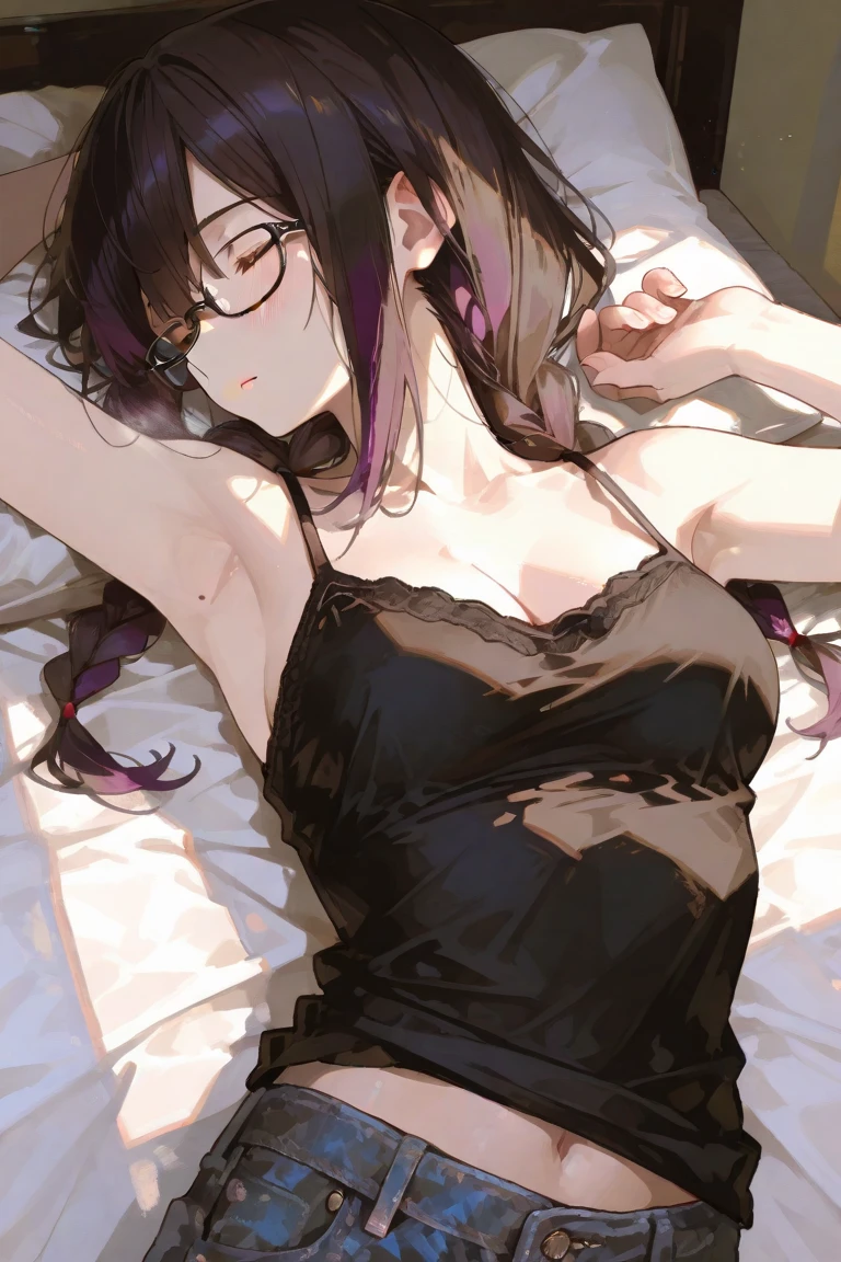 V0id3nergy,reach out your hand、Not looking at the photographer、whole body、blue eye background,Looks comfortable、plump breasts, (scarlet hair), long hair, purple eyes, wearing a white coat、researcher、Glasses、thin shirt,short skirt、ultra shorts、 (natural skin texture vivid details, surreal, (realistic detailed eyes, natural skin texture, realistic facial details), Depth of written boundary, Bokeh, vivid details, surreal, 35mm movie,lipstick, ear piercing, eye shadow, red pink lips, multicolored red eyes, purple theme,Wear an iridescent aura,beautiful eyes,purple carpet,Main colors are white and purple,((sleeping in bed)),put one'put your hands behind your back'Came back,pretend to be asleep,clear eyes,muscular pussy,black stockings、,please show me your butt、big ass,graduate school,graduate school、During the preparation of the drug,white background,troubled face