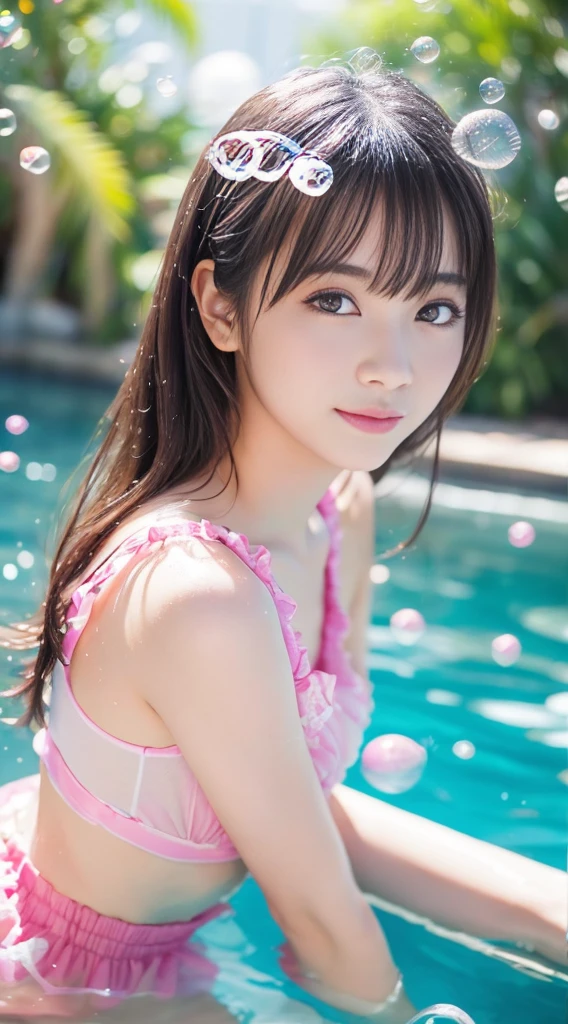 high school girl、A sloppy smile、White swimsuit、bikini、Japanese、night、amusement park、Night Pool、Flower Garden、Baby Face