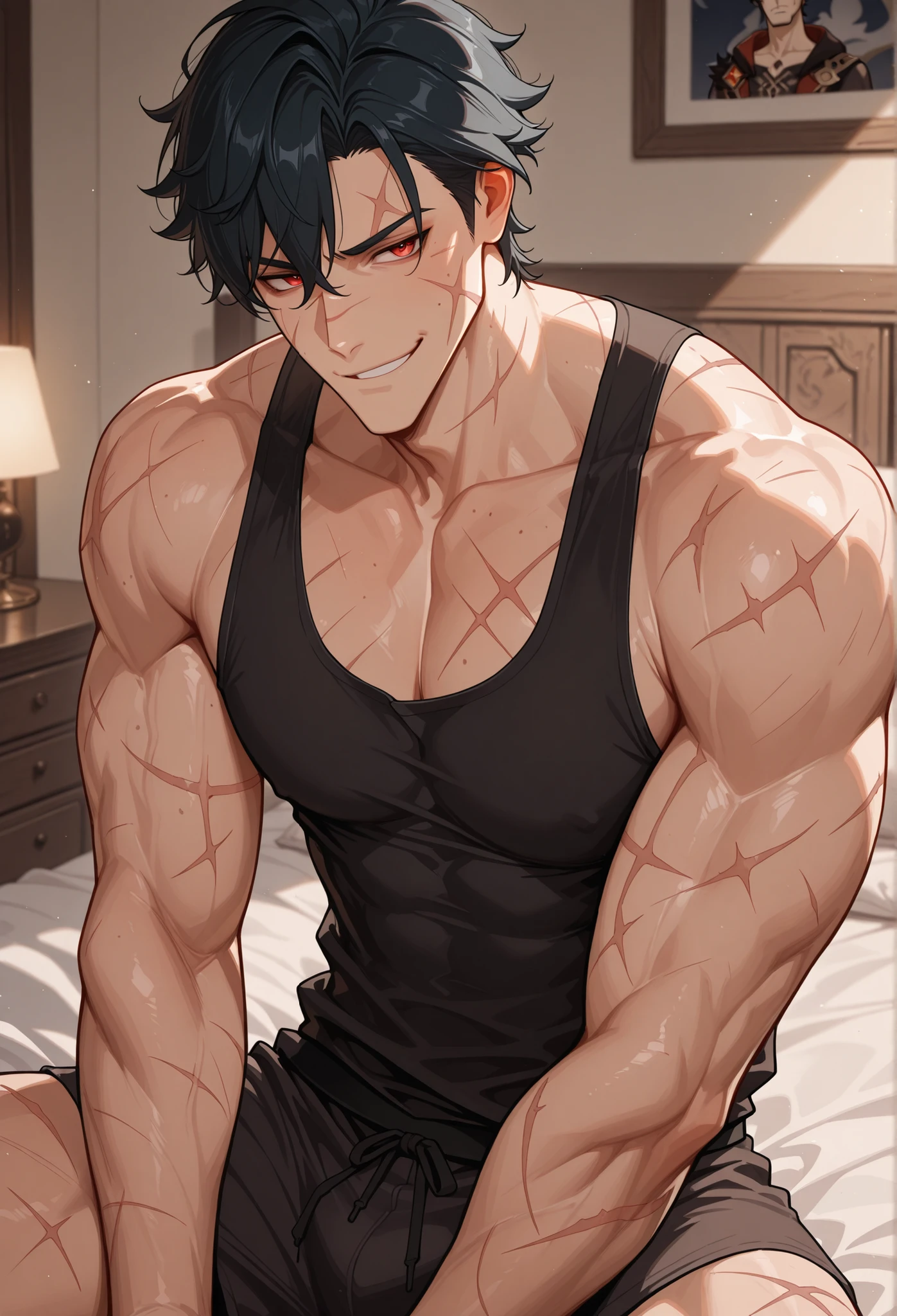 masterpiece, best quality,_Genshin impact style,1guy,muscular,Black hair,Red eyes,moles,sitting on bed,No beard,no mustache,smirking,black tank top,boxer,scars on face,scars on body,Bedroom,morning