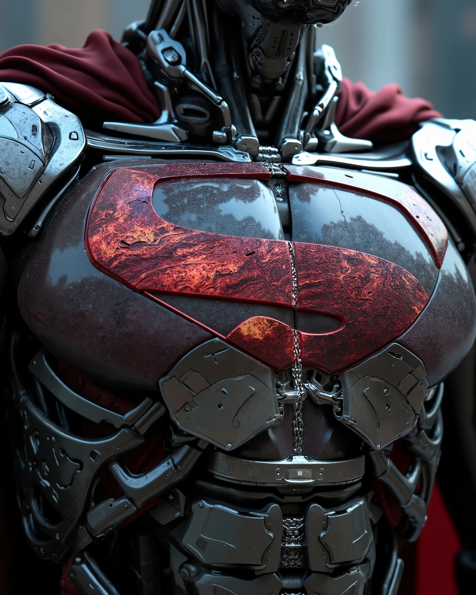 Macro shot of Cyborg Superman's chest cavity revealing layered anatomy: Kryptonian DNA strands intertwined with Borg-like assimilation tubules surrounding a fractured S-shield. Reflective surfaces show distorted images of Lois Lane's funeral and the destruction of Coast City. Coolant vapor escaping from neck joints, chromatic aberration effect on cybernetic components, neo-noir color palette with blood-red accents.