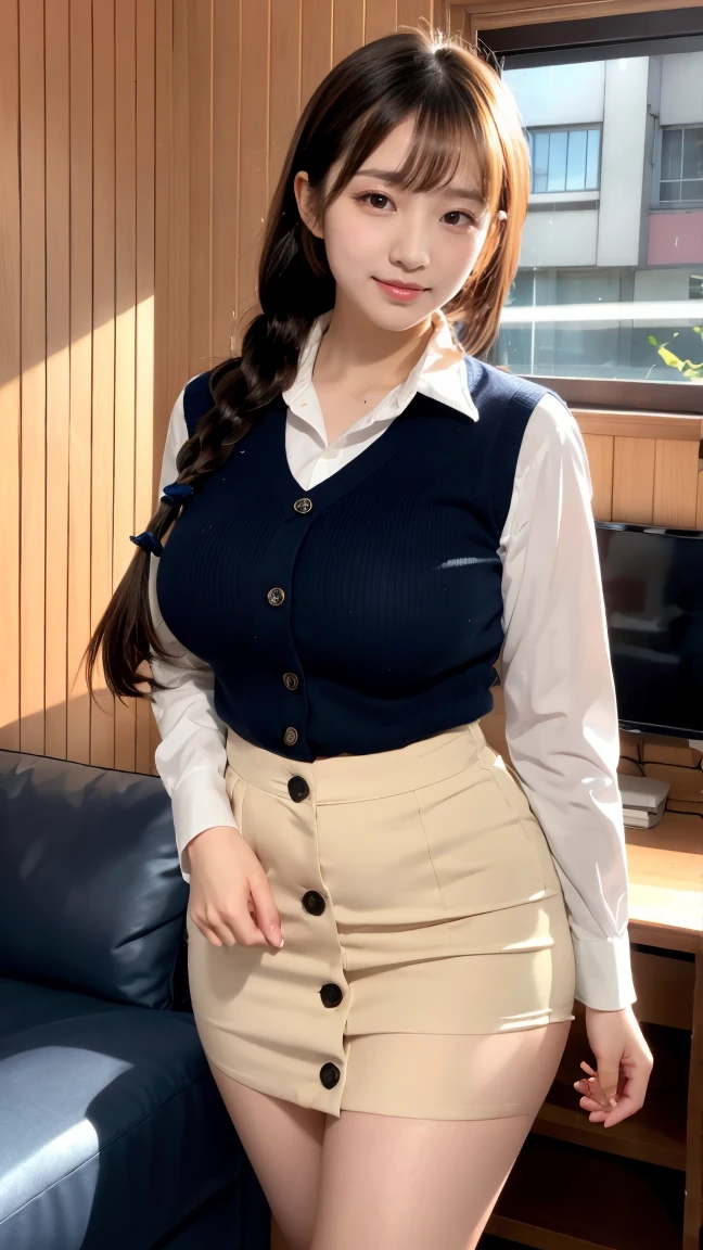 top-quality、Top image quality、​masterpiece、fully body photo、25 years old women, governess、Dark brown wavy middle hair、bangss、((Beige long-sleeved knit、Dark blue flared skirt、Stockings))、 ((no-bra、Puffy nipple、Flip the skirt、Visible))、Sexy yellow panties、soft boob、Large breasts、high-heels、 Shy smile、Lecture in a school classroom、((I can see all my panties、Rub your chest with both hands、Touching the crotch))