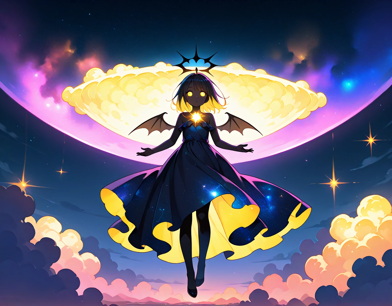 <lora:galaxy_girl:1>, galaxy girl, star skin, cosmic skin, black and star hair, rosalina, long hair, <lora:RosalinaV12:1.0>, (featureless body:1.1), transparent skin, cosmic black blue skin, black blue star skin, glowing skin, stars, universe, crown, dress, wand, 4k, 8k, high resolution, masterpiece, best quality, insane detail, invisible clothes, floating above, expressionless, yellow luma