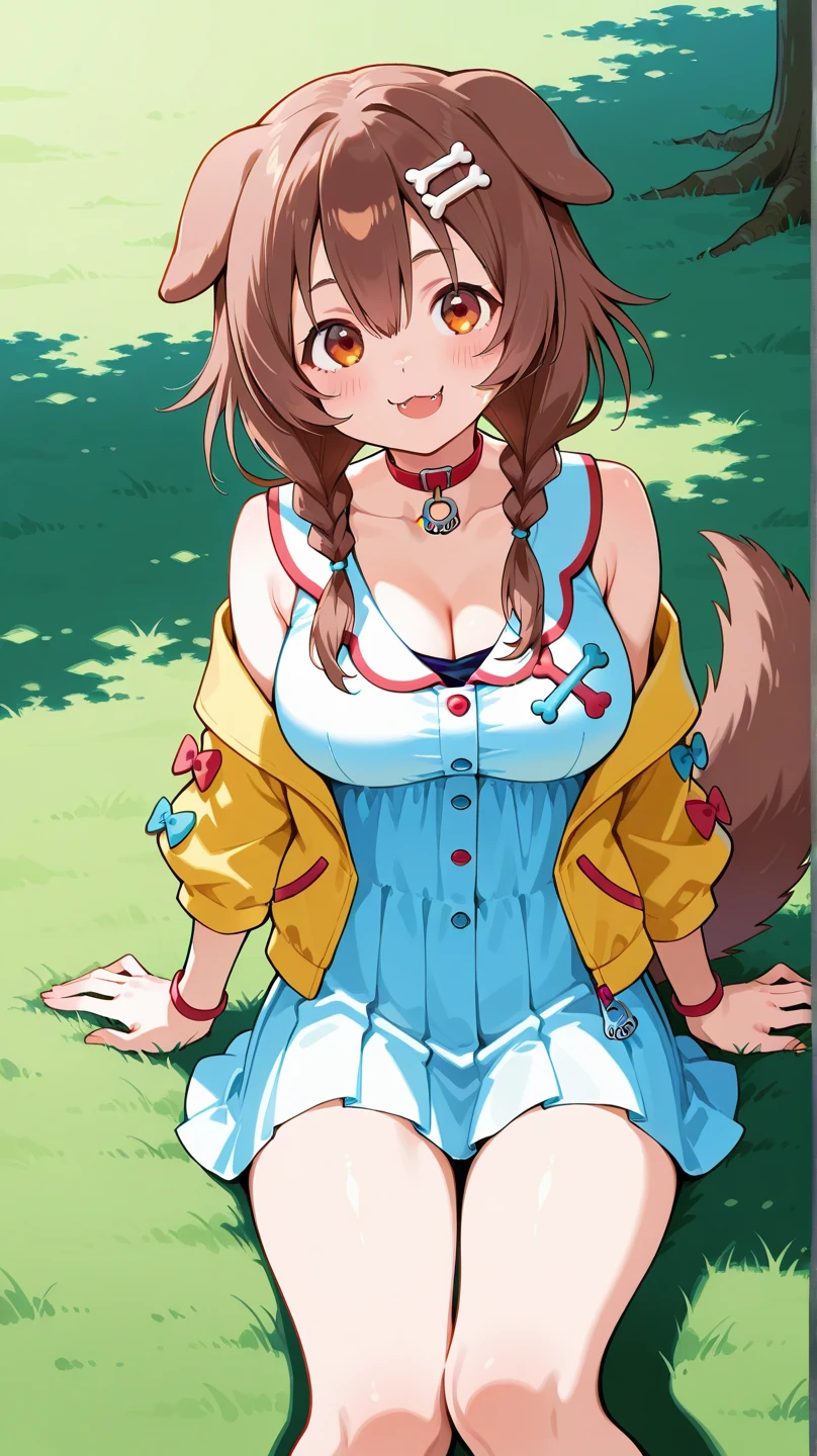 a highly detailed photograph of a very sweet, beautiful puppy girl, with large, expressive eyes, a cute button nose, and soft, adorable lips, wearing a pretty floral dress, sitting in a lush, idyllic garden setting with vibrant flowers and greenery, delicate lighting, hyper-realistic, 8k, high resolution, studio lighting, physically-based rendering, extremely detailed, vibrant colors, cinematic lighting, masterpiece