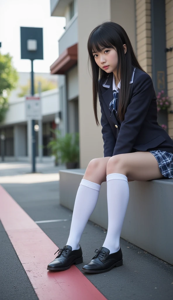 (best quality,4k,8k,highres,masterpiece:1.2),ultra-detailed,(realistic,photorealistic,photo-realistic:1.4), profesional photograph by dubnitskiy david, natural light, portraits, a beautiful young japanese girl, 17 years old, wearing ((dark grey blazer, red necktie, white button shirt, white socks, black shoes, high school uniform: 1.4), very low neckline, exposed cleavage), seductive look, soft glow, elegant beauty, perfect face with soft skinice, detailed blue grey eyes, sexy pose, delicate skin texture, flowing messy hair, lustly expression, sexy posture, collarbone, naturally droopy breast, knees up, sitting pose, opened legs, (grass field with skyline:1.4), subtle shadows, daylight and clouds background, shallow depth of field, foggyand greeney atmosphere, fine art photography, (close up:1.2), (seen from below:1.4), photon mapping, zoom in