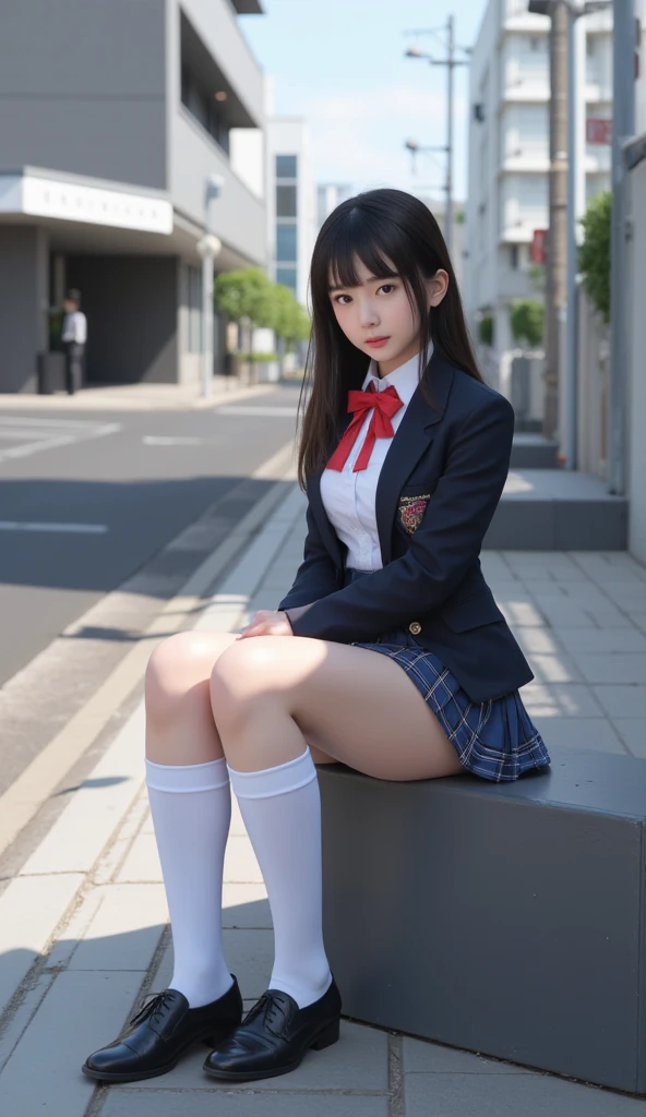 alone,solo,underwear, photo of a 20-year-old woman, cute, panties, ((KPOP Idol)), small, small breasts, glasses, full body, anger, lace panties, sitting, panty shot, spread legs, skirt, school uniform, light blue panties, socks, black hair, shirt, blurred, blurry background, blue shirt, loafers, realistic, medium hair, lips, brown eyes, Black socks, bow tie, pleated skirt, bow, headrest, sideways, outdoors, brown footwear, masterpiece, best quality, ultra detail