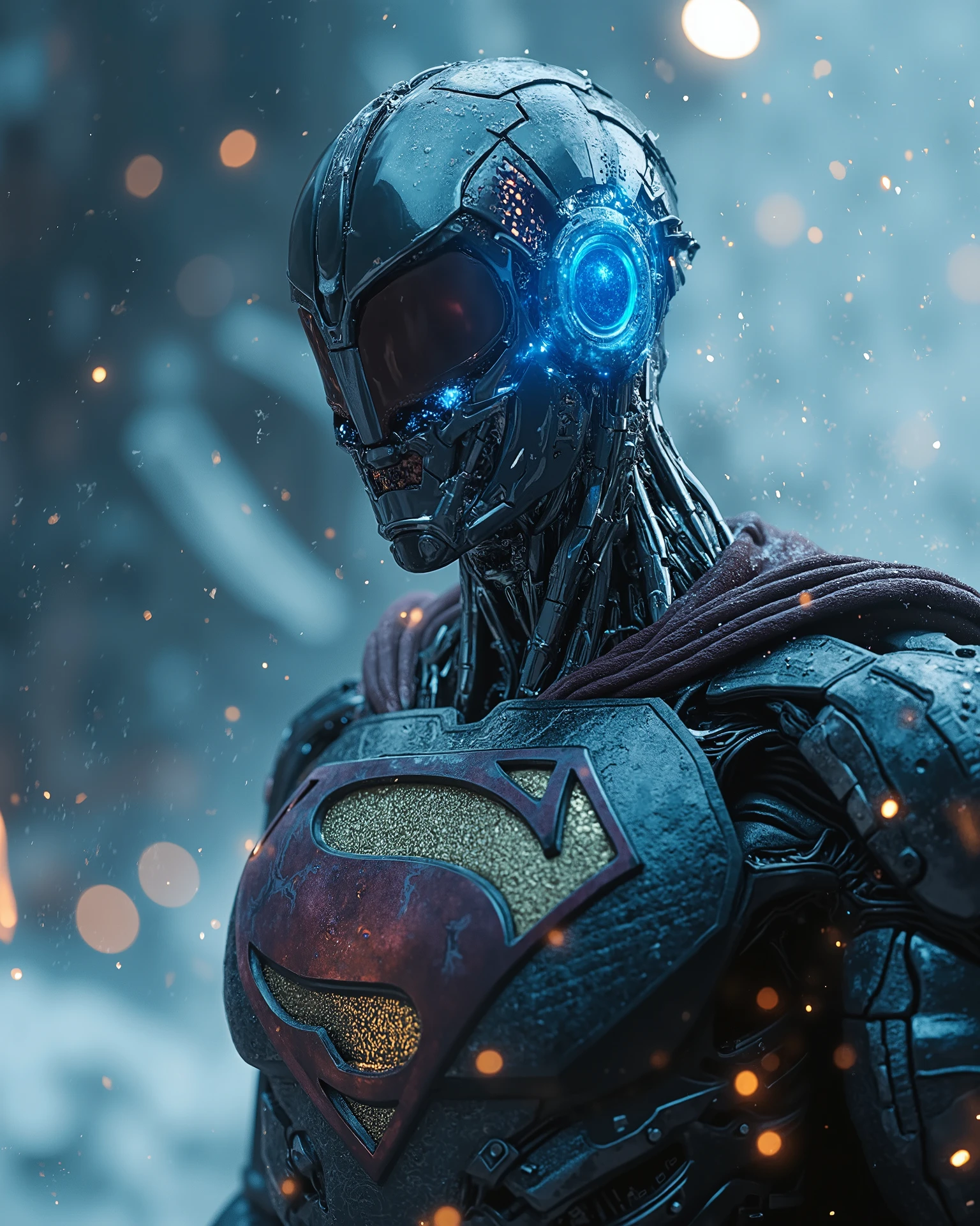 Realistic biomechanical Superman: organic skin grafted onto chrome endoskeleton, veins glowing with blue liquid Kryptonite. His suit is a fusion of shredded Kryptonian fabric and armored plating, with the 'S' shield flickering as a hologram. Close-up shot of him ripping a tank in half, sparks flying, with the Fortress of Solitude’s frozen tech in the background. Moody Arctic lighting.
