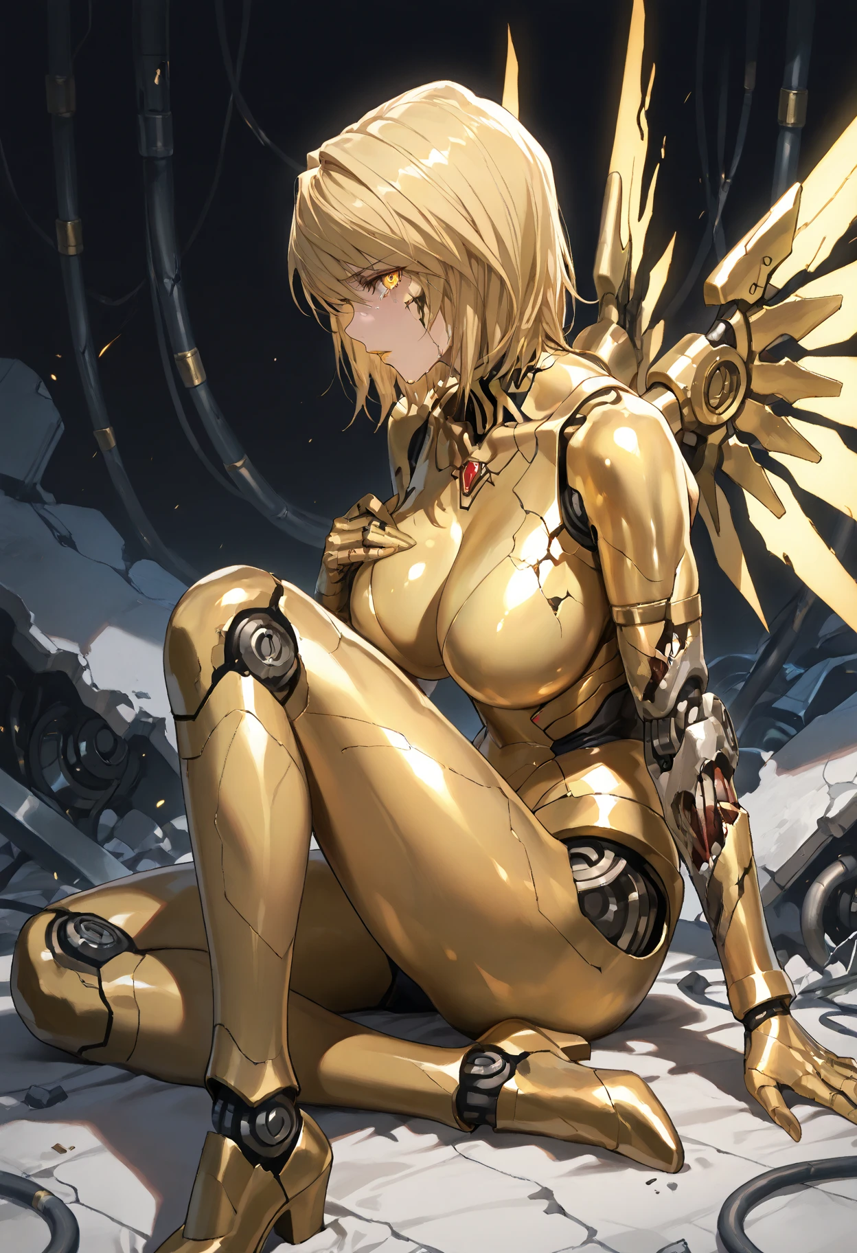 1girl, blond hair, blue eyes, wearing a white leotard, her arms and legs are covered by a robotic exoskelleton