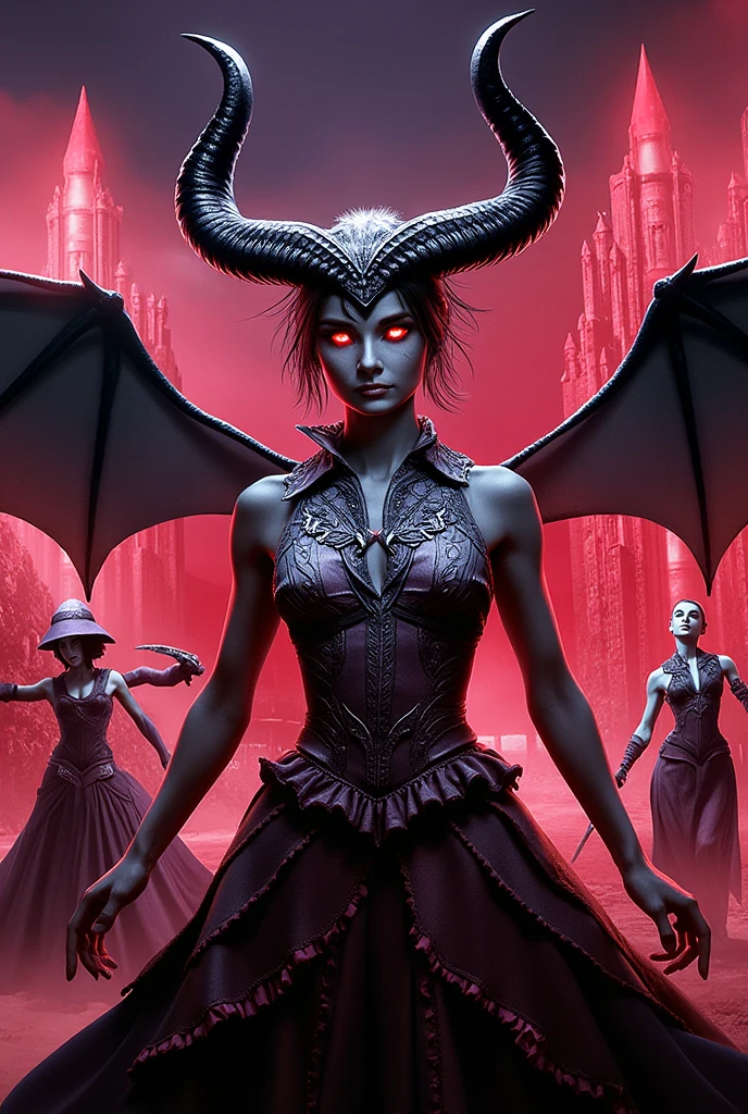 satanic woman surrounded by demonic people in a sinister and mysterious Gothic village