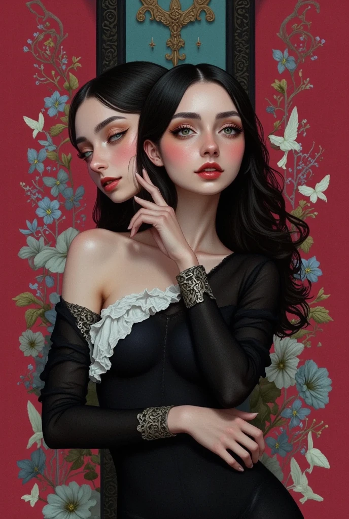 monochrome,weight,NSFW,upper part of body,A nude devil woman with a black and white body stocking dress holding a red lipstick,Satan,Succubus,blue eyes,Clothes detailed patterns,posture,spread legitimacy,Detailed gothic background,dark fantasy background,Inspired by Robert McGinnis, Inspired by Gretel Stern, Takato Yamamoto’s style, Guido Crepax, Guido Crepax-style, with hands, Vanya Zoravlev, Inspire by Leonor Fini, long furry tail, Inspired by Takato Yamamoto.Inspired by Klimt and Mucha. beautiful eyes, Beautiful and delicate lips, Extremely detailed eyes and face, Long eyelash quality:1.2), Super detailed, (actual:1.37), painting, color contrast, high resolution, black and white dress, red lipstick, Inspired by Robert McGinnis, Inspired by Gretel Stern, Yamamoto Takashi style, Guido Crepax style, with hands-Inspire, Vanya Zoravlev-Inspire, Leonor Fini'Inspire, long furry tail-Inspire, Inspired by Takato Yamamoto, bright colors, dramatic lighting, eye-catching composition, fun atmosphere, Feminine elegance.Forged,painting,Impressionism