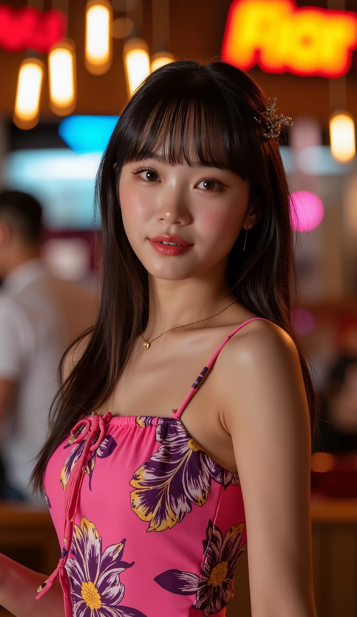 Premium Cocktail Bar,female,colorful dress,Hawaiian,Immersive Atmosphere,Delicate facial expression,Attractive Poses, Flowing Down ,dramatic lighting,Realistic Texture,Professional Photos,Master piece,HDR,4K,Realistic,Vibrant Color,Soft bokeh
