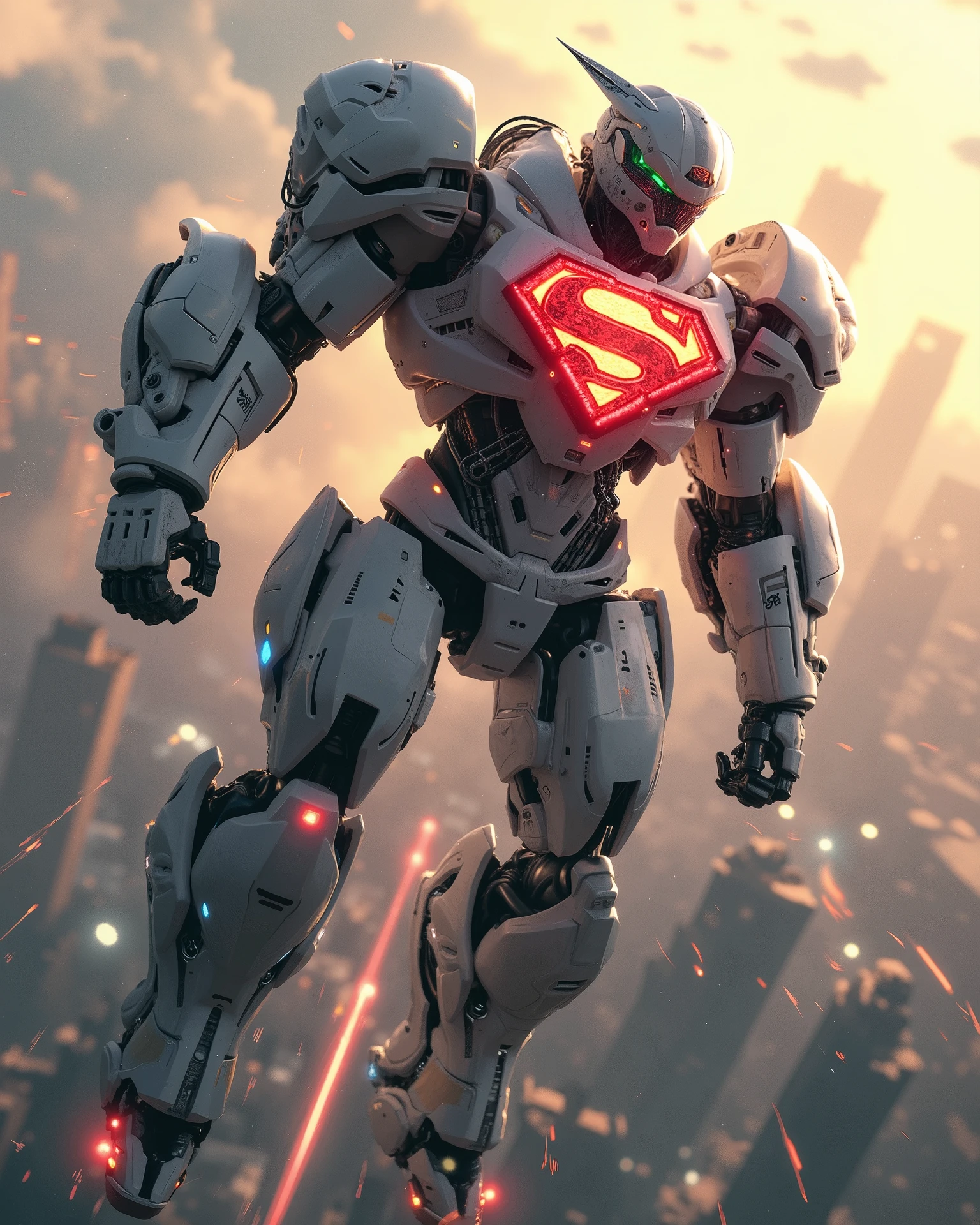 Ultra-detailed illustration of Superman's mecha armor forged from Kryptonian alloy, glowing white chassis with red S-shield chest core emitting solar radiation waves. Hydraulic musculature visible through armor joints, back-mounted thrusters inspired by LEGO mech flight systems, faceplate combining traditional Superman features with Gundam-style visor lighting. Environment: Floating above Metropolis with energy trails, battling Lex Luthor's mechanized suit shooting kryptonite beams. Art style: Comic book realism with Mike Mignola-inspired shadow work