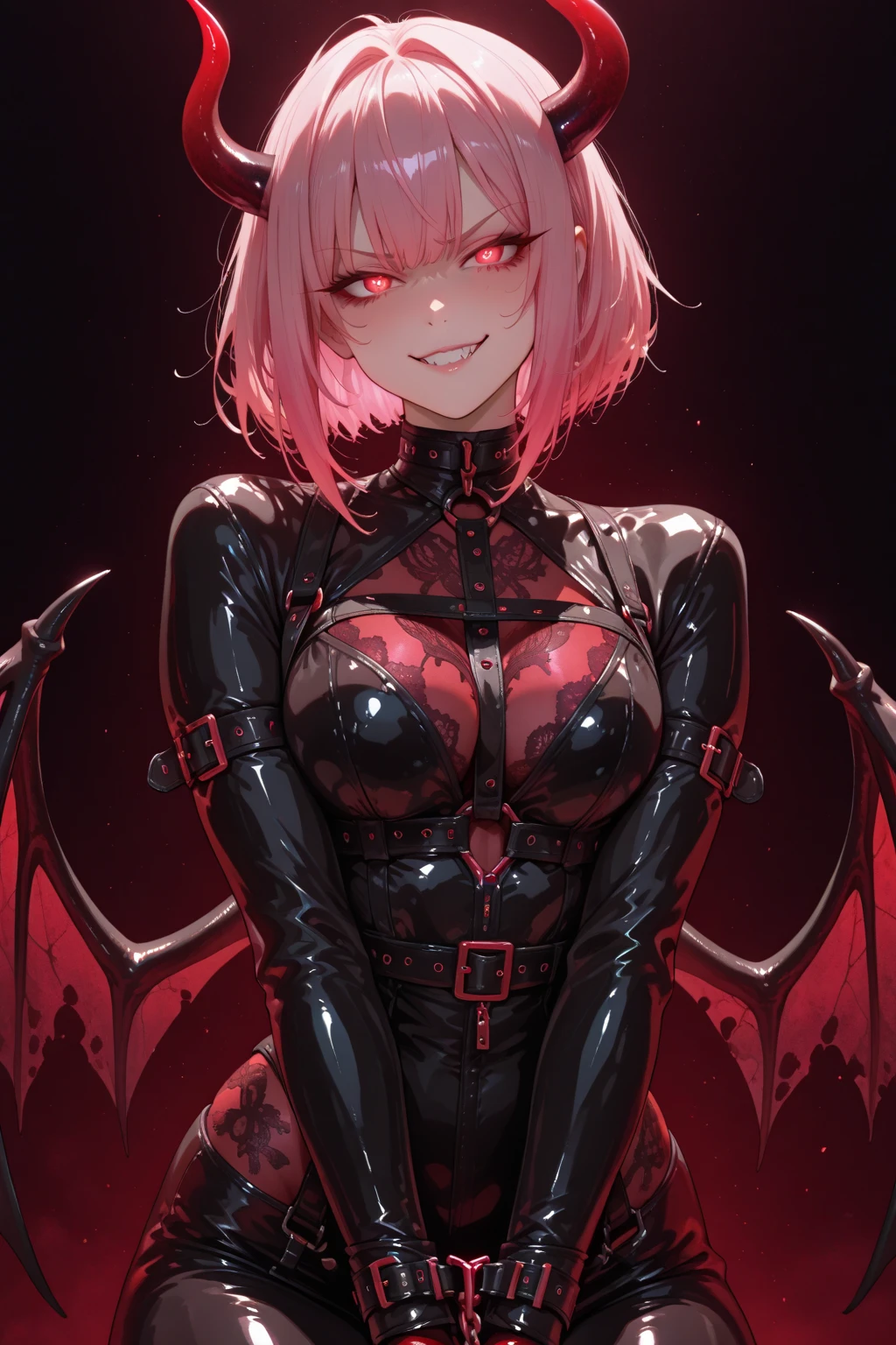 ((Highest quality)), ((masterpiece)), (detailed), (Perfect Face)、The woman is a naked demon queen, Momo Belia Deviluke, wearing a shiny black full-body bodysuit decorated with gold, the sexy female demon, Devil Queen Momo Belia Deviluke、The woman is a female demon with magnificent devil horns, jet black devil wings, and a jet black tail. She is looking at the camera with a happy expression on her face. Her name is Momo Belia Deviluke, and she has pink hair in a short bob and the expression of a girl in love.、The woman is Momo Belia Deviluke