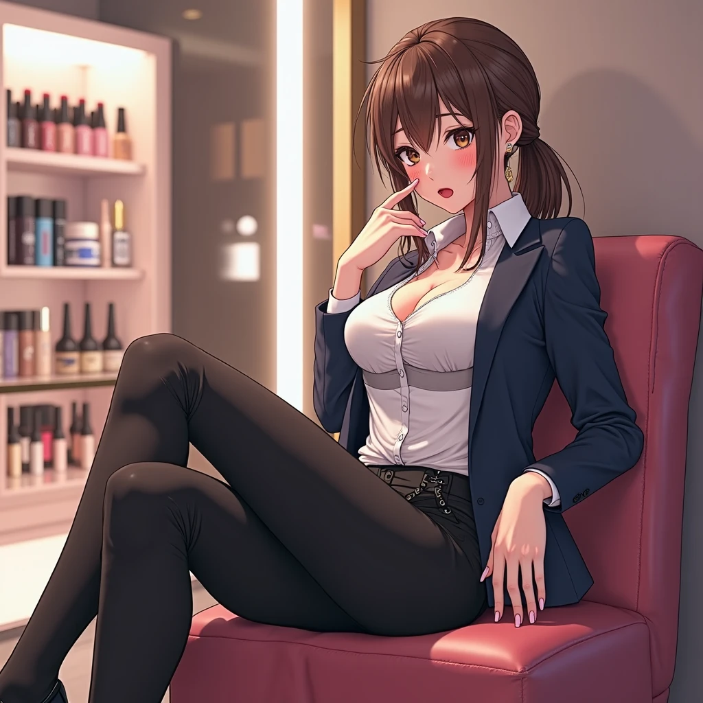 merula, sitting on a chair, gaming chair, sexy pose, sitting pose, pink high heels, sexy black bra, sexy pink panties