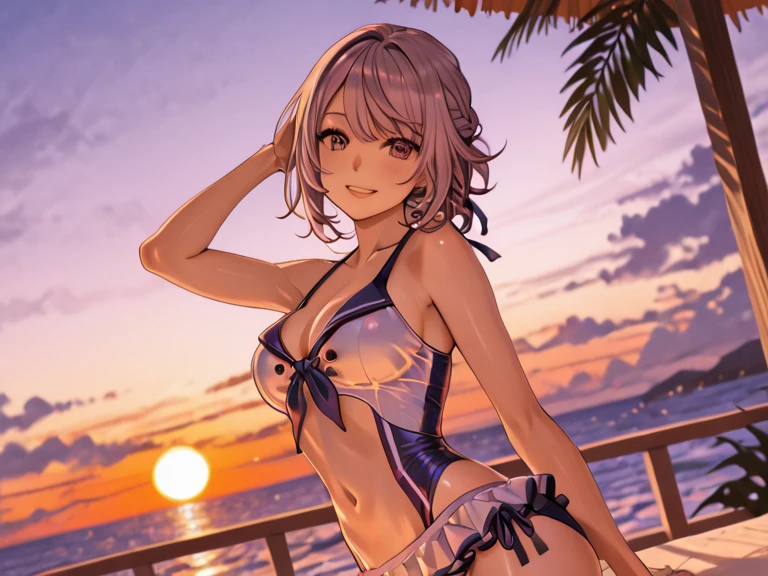 　3 girls High level image quality　best image quality　8K　 adult woman    pool party  rain　palm trees  more colors   whole body view　portrait　golden bikini   　horn    ears  　short hair（（shortcut）（gray hair）（perm）（fluffy））　eye color is blue ,  , 　attractive evil face , smile   ,  sexy pose   ,  labrynth , crossed arms,  barearm     , sittings  by the pool , crossed legs  , all wet , view foot arc 