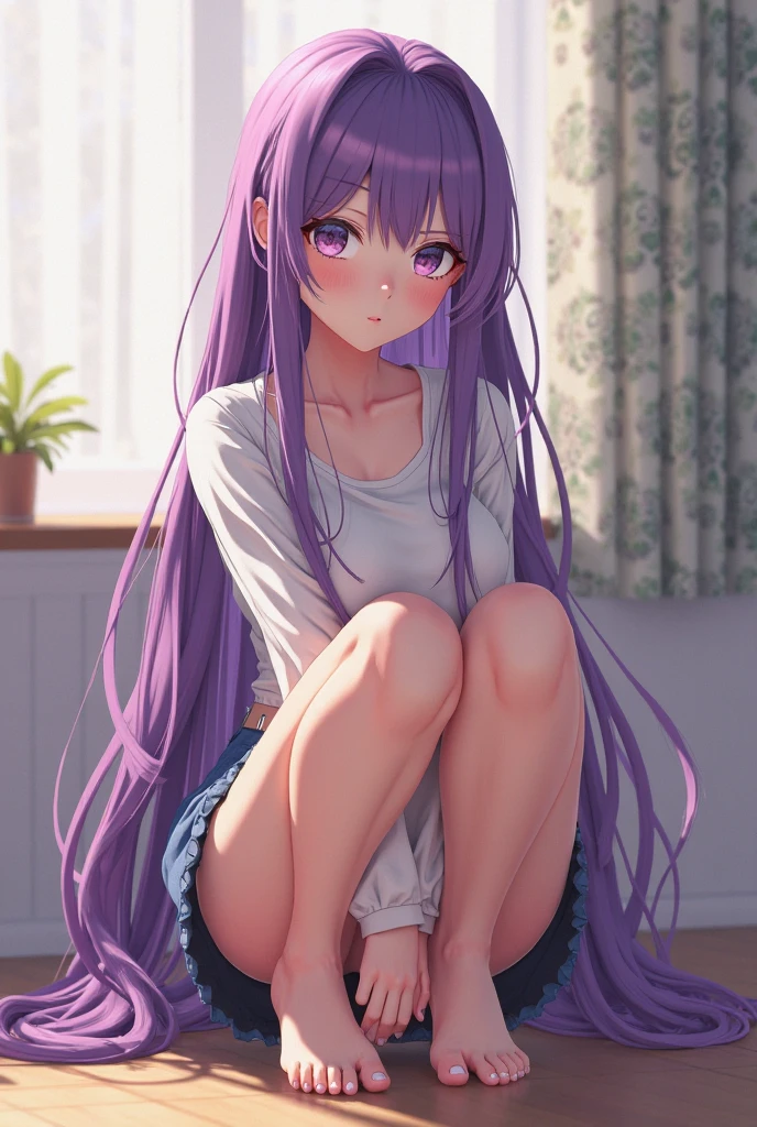 create a full body shoujo anime panel image of a woman, long flat gray hair with purple highlights, intense turquoise eyes, with a black tank top and short jeans with only her arms and knees all bruised and bruised, expression of pain