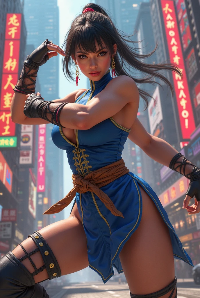 A movie poster depicting a female fighter (Chun-Li) wearing blue dress, (pelvic curtain, brown pantyhose, china dress), white cross-laced boots, bracelet, gold trim, jewelry, puffy sleeves, sash, short sleeves, side slit, spiked bracelet, spikes, double bun, hair accessories, cleavage, voluptuous curvy body, backround, in a folkloric chinese street, style by Urushihara Satoshi, view from below, with the words "Street Fighter" written in large letters on the left side, 