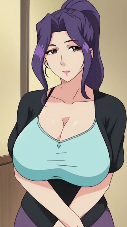 1girl, thick thighs, luxury model, putting on jewelry, Curvy figure, plump,stylish high class aesthetic, wide hips, contemporary professional makeup, eyeshadow, eyeliner, lipstick, expensive heels, tight, Tanktop with cleavage and open navel, gradient hair, dark blue hair, half ear lenght Bob hair, hyuuga_hinata inoue orihime, tight blue yoga pants, photoshoot, (masterpiece, best quality, high quality, high detail, detailed face, detailed eyes, detailed body),Hoopa earring,Gold chain Necklace,Wedding ring,Gold bracelet,Long nail,Mature,Kumogakure symbol,Bloated belly,Soft expression
