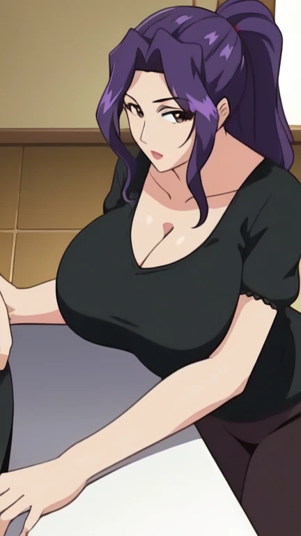 masterpiece, best quality, ultra high res, ultra-detailed, inside a girly bedroom, sunset, beautiful port city landscape, misako, slut, solo, purple hair, yellow eyes, ponytail hairstyle with hair ornament, red lipstick, red eyeliner, (gigantic tits and giant cleavage: 1.4), hairy pubic hair, (pink lace-trimmed bra: 1.3), (soggy transparent pink pantyhose: 1.5), looking at the viewer, sexual alluring expression, moaning, pleasure face, horny, very erotic face, wet, (misako is squatting with her legs spread wide and squirting piss while having a very slutty ahegao face and rolled up eyes and with an insane smiling open mouth with tongue out: 1.6), (bottom close pussy photo: 1.5)