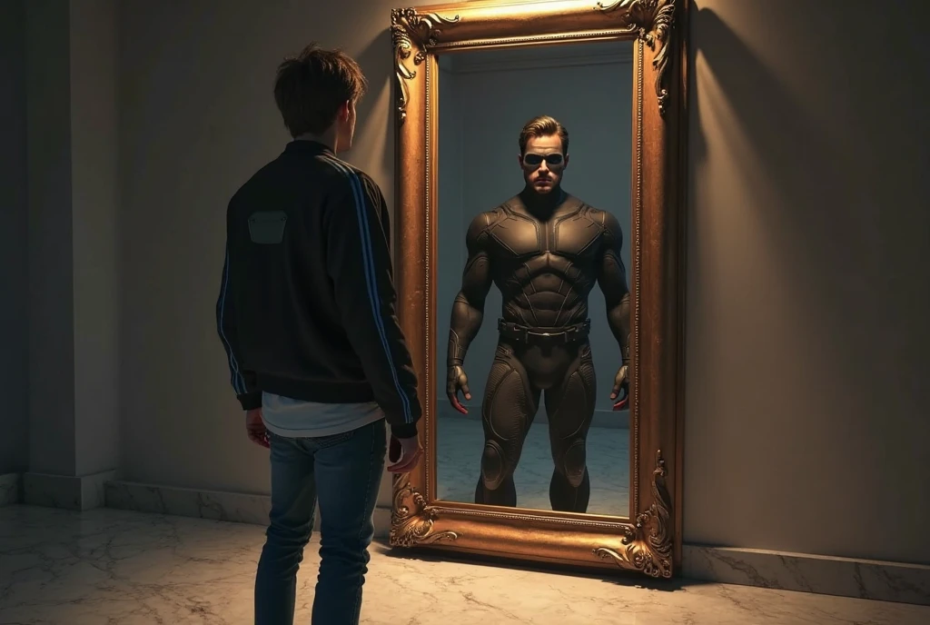 "Create a 3D image of a handsome 27-year-old man standing confidently in front of a large, bold letter 'H'. The buff man should weigh approximately 85 kg and be wearing a sleek mask. The background should be a metallic silver shade, giving a modern and striking appearance."