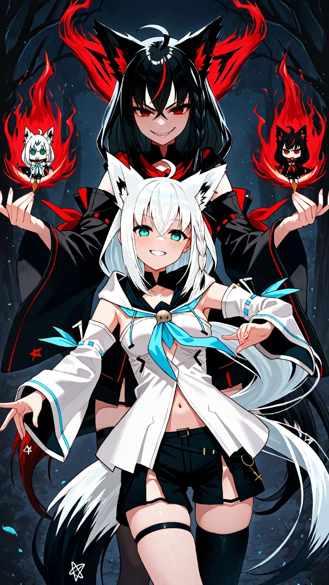 Shirakami Fubuki, kurokami, black hair, black shirt, black shorts, streaked hair, detached sleeves, red eyes, red neckerchief, thigh strap, single thighhigh, ahoge, piercing, fox tail, evil smile, Enchanted Mirrors