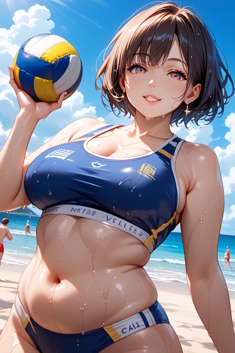 Young beautiful woman,(Highest quality,Extremely detailed depiction,Incredibly absurd high resolution,Anatomically accurate depiction,Two lovely hands, Five perfect fingers,Curvy Legs),(Glowing Skin,Shiny skin,Oilskin),Beach Volleyball,There is cleavage in the chest,Glossy Lips,Flying beach ball,visor,Sweat,whole body,background:Beach Volleyballの会場,blue sky