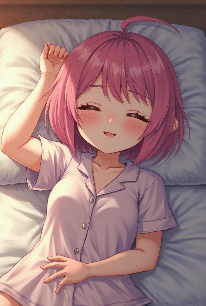 ichikanakano, ichika nakano, short hair, bangs, close ~ eye, hair between eye, pink hair, (white v neck sweater 1.3), not wearing pants, highest quality, High resolution, unity 8k wallpaper, (beautiful and detailed eye:1.4), highly detailed face, perfect lighting, (perfect hands, perfect ???????), cowboy shot, (sleep in bed:1.3), (sleep:1.3)best smile