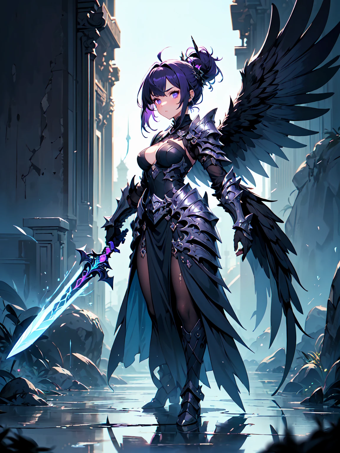 (((masterpiece, best quality, high detailed, 8k))) Design a layout showcase Gaming character, (1girl). Black+Crimson dark armor, stylish and unique. ((weapon:1.4)), cursed sword. (masterpiece:1.2), (best quality), 4k, ultra-detailed. (luminous lighting, atmospheric lighting). dark warrior, ((six wings of shadow and fire)), ((glove full hands)), (((revealing clothes:1.3))), vambraces, armored legwear, (((full_body_shot:1.4))). {In an infernal realm}. 

(((extremely imposing presence, black flames, super strong, incredibly beautiful with dark armor))).
