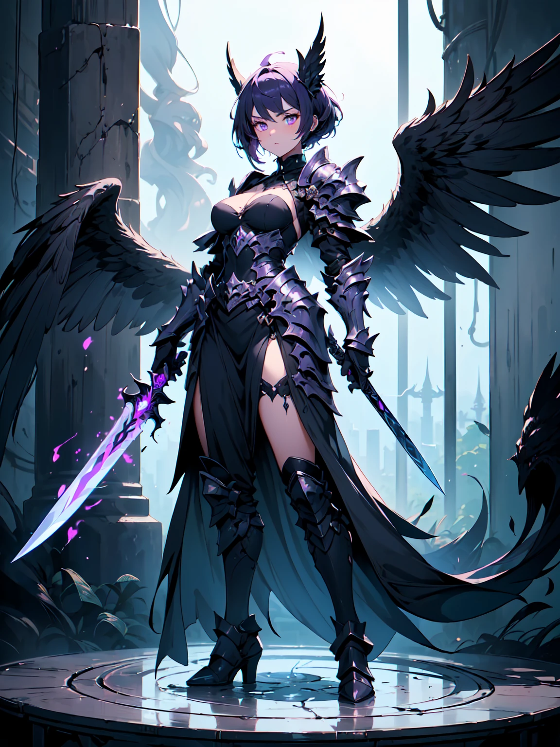 dark smokey background ,raven in background shadow covered girl, covered in shadows, lack shadows in background Anime girls, carrying katana, anime, short black hair with neon purple highlights, hair is above shoulder height, smooth beautiful, 4k, anime art, pendant on hair, cross t necklace, vivid black dress, battle armor, Deep in the forest there are stone angels all black and dark, anime dark styler,girl walking forward