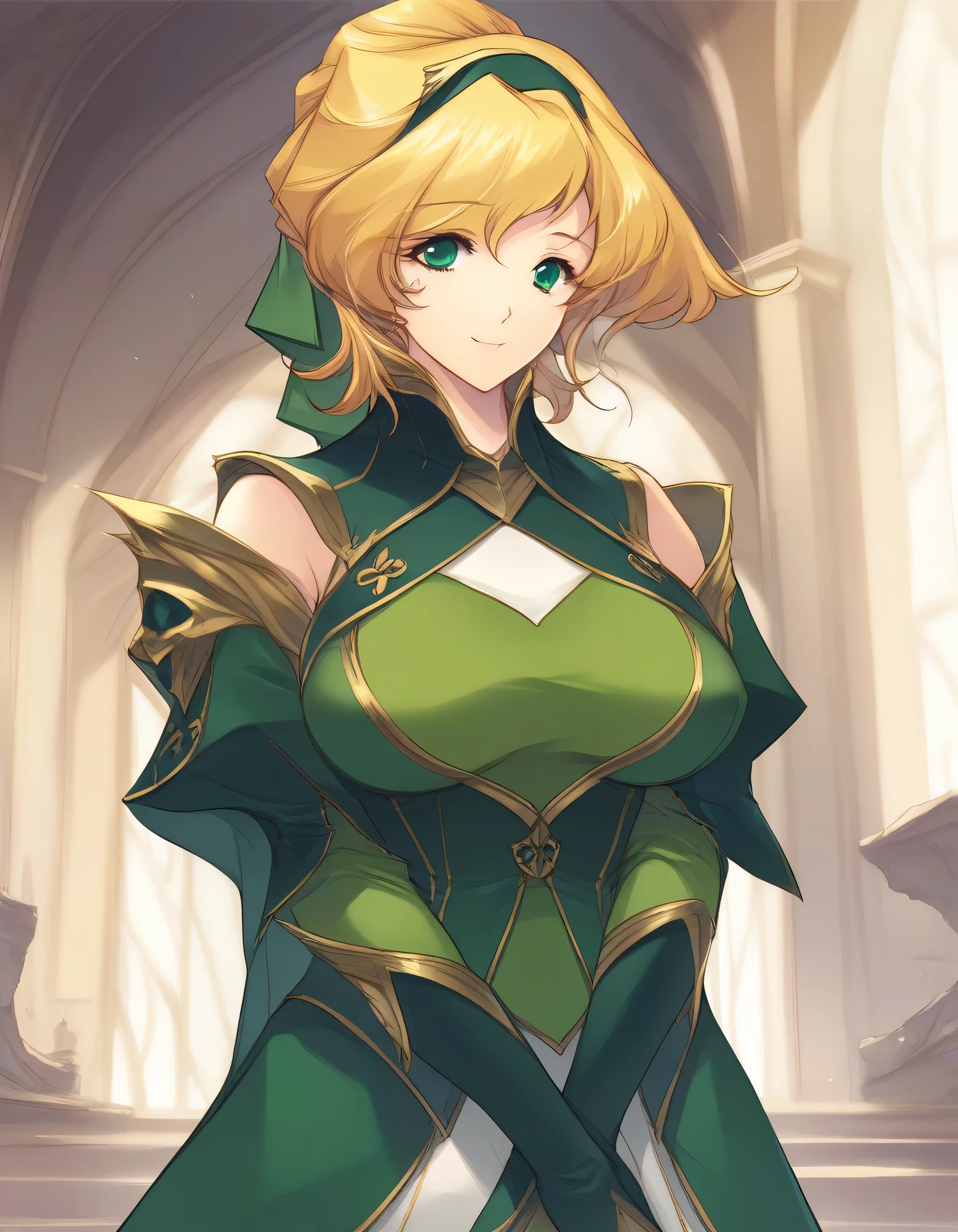 Girl, blonde hair, blue eyes, a strange crown with a shiny green stone, golden knight's armor embroidered with beautiful ornaments, big breasts, short pants.