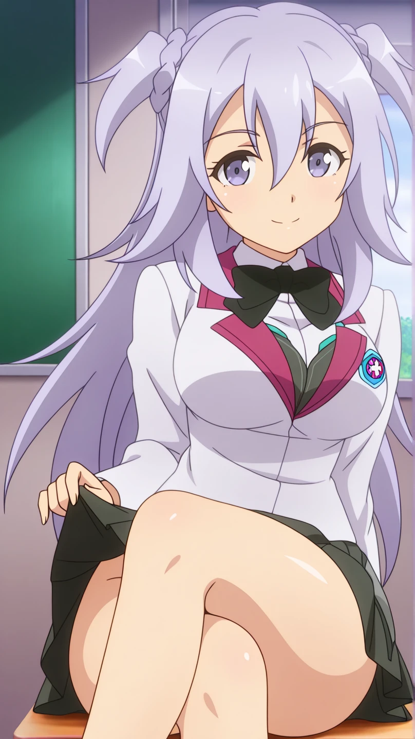 (masterpiece), classroom, 1girl, medium hair, white hair, (aqua eyes:1.2), (white sailor collar:1.2), serafuku, white skirt, pleated skirt nsfw show panties open legs