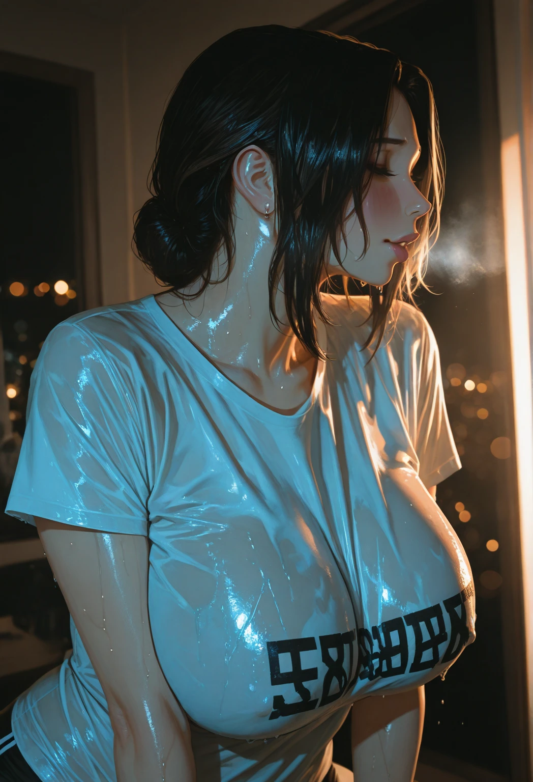 high quality, detailed,a girl with white water drops on her face.bathe in white water,lots of white water droplets.(at night:2.0),green eyes.she is 16 years old japanese bitch gal,prostitute,she has a mole under her eye,(smallest breasts),(wearing long sleeve white oversized business shirt dress ,very very wet thin fabric shirt,),blunt bangs,((wavy hair,silver hair,very wet hair and wet face,shiny face)),Slender,face up,nipples,temptation,((Employee ID card hanging from his neck))
((she is facing directly upwards:1.5))
(((she opens her mouth very very wide and closes her eyes:1.3,tounge out:1.3)she looks very very painful and her cheeks are very red))(In the company's kitchen)